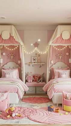 a bedroom with two beds, pink walls and rugs on the floor in front of them