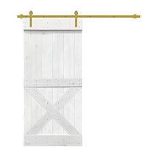 an open white barn door with two wooden bars on the top and bottom, against a white background