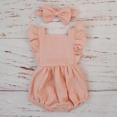 Organic Cotton Baby Girl Clothes Kids Ruffle Romper Jumpsuit Pink baby grows For Newborn Vendor - PrettyKid Pink Playsuit, Organic Cotton Baby, Cotton Romper, Ruffle Romper, Matching Headband, Baby Outfits, Girls Rompers, Summer Baby