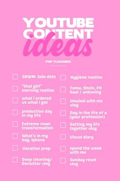 a pink poster with the words youtuber content ideas