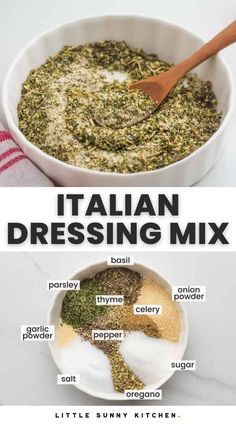 italian dressing mix in a white bowl with ingredients labeled on the top and below it