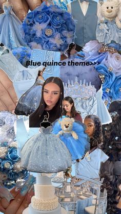 a collage of blue and white wedding gowns, teddy bears, and other items