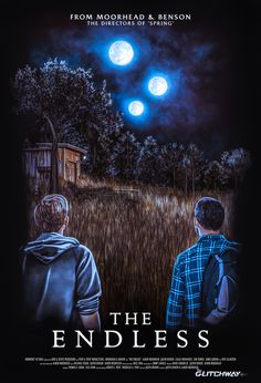 the endless movie poster with two men looking at each other in front of a full moon