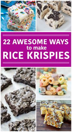 some desserts that are on display with the words 22 awesome ways to make rice krispies