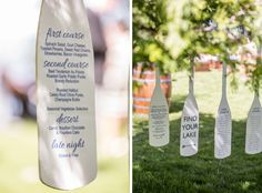 wine bottles hanging from a line in the grass next to a sign that says find your lake