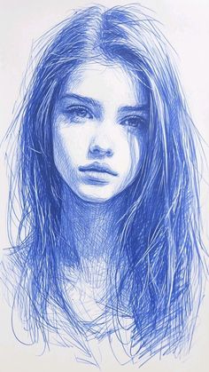 a drawing of a woman's face with long hair and blue ink on paper