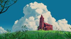 a painting of a church in the middle of a green field with trees and clouds