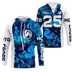 a blue and white hoodie with the number 25 on it, printed in black ink