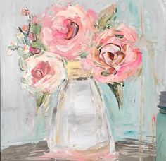 a painting of pink roses in a white vase