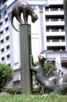 two cats on top of a pole in the grass