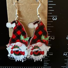 Wood Gnome Christmas Earrings New Fish Hooks - Silver Tone Keywords: Gnome Gnomes Elf Plaid Christmas Holiday Wood Danglers Gnome Christmas, Fish Hooks, Christmas Earrings, Plaid Christmas, Fish Hook, Christmas Holidays, Elf, Silver Tone, Jewelry Earrings