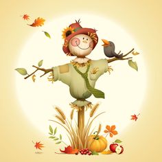 a scarecrow standing on top of a pole with leaves and pumpkins royalty - art illustration