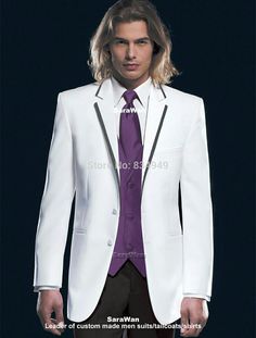 Groom Tuxedo Bespoke White Suits with Purple Vest Purple Waistcoat, Suits Groomsmen, Purple Tuxedo, White Tuxedo Jacket, Couple Prom, Formal Wedding Suit, Purple Vest, White Tux, Wedding Tux