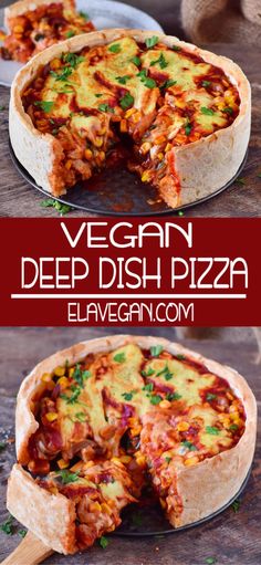 vegan deep dish pizza on a wooden table