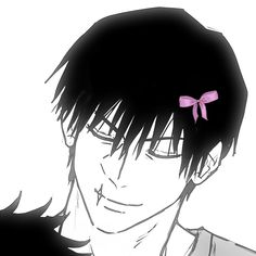 an anime character with black hair and pink bows on his head is staring at the camera