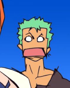 an animated image of a man with green hair looking at another man's face