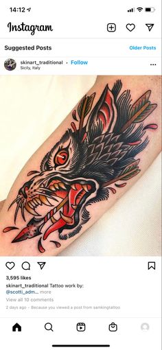 an image of a dragon tattoo on someone's left arm, with the words instagram