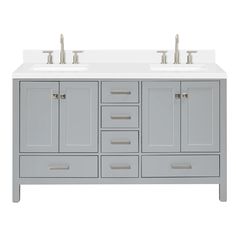 a double sink vanity with two faucets on the top and one drawer below