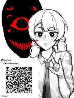 a drawing of a girl with red eyes and a creepy smile on her face, next to a qr code