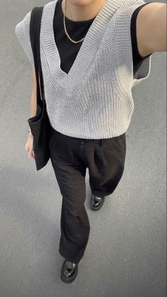 Sweater Vest Trousers Outfit, Gray Classy Outfit, Sweater Vest Outfit With Loafers, Sweater Vest And Loafers, Sweater Vest Loafers Outfit, Outfits With Gray Sweaters, Black Loafers Outfit Aesthetic, Sweater Vest And Trousers Outfit, Black Trouser Outfit Aesthetic