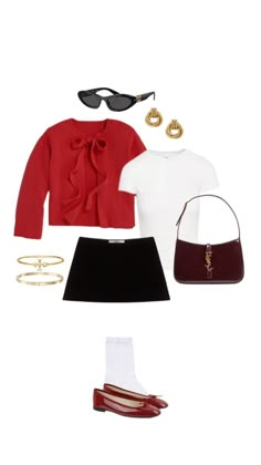 a woman's outfit and accessories are arranged on a white background, including red sweater, black skirt, gold hoop earrings, burgundy handbag