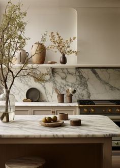 a kitchen with marble counter tops and wooden cabinets, along with vases on the wall