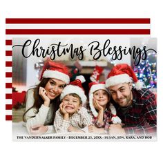 a christmas card with a family wearing santa hats