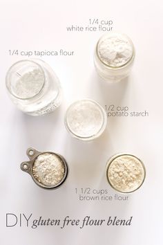 four different types of flour in small glass jars with instructions on how to make them