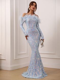 Icy Blue Dress Gowns, Dresses With Feathers Gowns, Formal Dress With Feathers And Fitted Bodice, Fitted Feathered Gown For Gala, Floor-length Feathered Evening Dress For Party, Fitted Blue Dress With Feather Trim, Glamorous Feathered Gown For Gala, Blue Fitted Dress With Feather Trim, Feather Trim Evening Dress For Gala And Prom Season