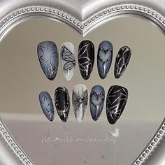 Hello, fabulous friends!  Welcome to MimMimNails! I hope you find the perfect style that speaks to you. 🍁 **Materials At MimMimNails, I use only the finest materials to craft durable and luxurious press-on nails that you can rely on. My nails will last: 1-2 days with adhesive tabs (included with your nail set) 2-3 weeks with nail glue. You can reuse the nails multiple times with proper care. Follow the instructions included in your nail set. **Each Nail Set Includes 10 custom-sized nails 24 adh Sigil Nail Art, Navy Blue Nail Designs For Prom, Corpse Bride Inspired Nails, Monster High Inspired Nails, Cybergoth Nails, Whimsigoth Nails, Wolf Nails, Corpse Bride Nails, Blue And Black Nails