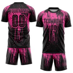 Custom Soccer Uniforms - Custom Pink Black Sublimation Soccer Uniform Jersey Pink Jersey, Hot Pink Shorts, Logo Wear, Soccer Uniforms, Blue Football, Orange Texas, Alpha Kappa Alpha, Skull Fashion, Sleeveless Crop Top