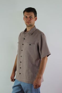 Linen man comfortable shirt with short sleeve and 2 pokets, Formal shirt men, regular fitted coffee linen shirt Details: - 100% natural linen produced in Europe ; - medium weight (180 gram per square meter); - color: coffee, could be any from our colors catalog (color samples at the photo); Made to order, approximately a few days, If you have any questions please message me and I will be glad to answer. Flax Relaxed Fit Shirt With Buttons, Relaxed Fit Flax Shirt With Buttons, Flax Relaxed Fit Shirt, Short Sleeve Linen Shirt With Button Closure, Flax Colored Relaxed Fit Short Sleeve Shirt, Classic Short Sleeve Shirt In Flax Color, Classic Flax Short Sleeve Shirt, Classic Short Sleeve Flax Shirt, Relaxed Fit Linen Short Sleeve Shirt With Buttons