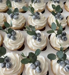 there are many cupcakes with frosting and berries on top that are decorated with leaves