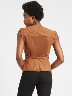 Vegan Suede Wrap Top | Banana Republic Versatile Fitted Wrap Top With Tie Waist, Fitted Versatile Wrap Top With Tie Waist, Fitted Wrap Top With Tie Waist, Fitted Brown Wrap Top, High Rise Style, Top Banana, Peplum Hem, Wrap Top, One Shoulder Blouse