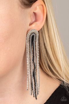 Mismatched strands of black, silver, gray, clear, and gunmetal seed beads and a glittery strand of white rhinestones delicately curl into a beaded rainbow-like tassel. Earring attaches to a standard post fitting. Sold as one pair of post earrings. Rainbow Fringe, Live Text, Beaded Rainbow, Pink Peacock, Light Earrings, Earrings Trendy, Beads Earrings, Paparazzi Accessories, Bead Ideas