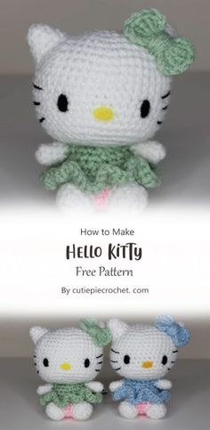 two crocheted hello kitty dolls sitting next to each other with the caption how to make