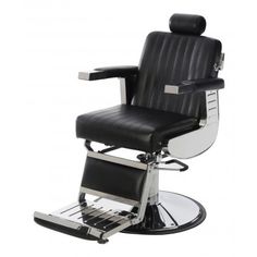 a black and white barber chair with chrome trimming