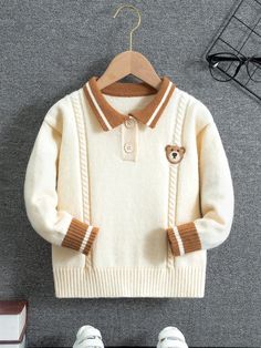 White Casual Collar Long Sleeve Knitwear Cartoon Pullovers Embellished Medium Stretch  Young Boys Clothing Kids Sweater Pattern, Polo Neck Sweater, Shein Kids, Bear Embroidery, Boys Sweaters, Baby Design, Polo Neck, Kids Sweater, Boys Clothing