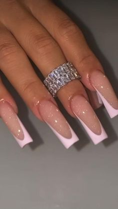 Basic Long Acrylic Nails, Sparkly French Tips, Quinceanera Nails, Henna Nails, Nail Piercing, Glamour Nails