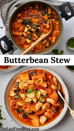 two pictures showing different types of stews in the same pan and one with beans