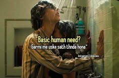 a man is in the shower with his hand on the faucet and text that reads basic human need?