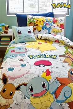 pokemon bedding set with various characters on it