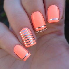 Orange and silver stripe nailart Spring Nail Dip Designs, Coral Nail Art, Metallic Nail Art, 2023 Nails, Tape Design, Nagellack Trends, Coral Nails