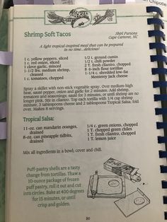 an open book with instructions on how to use the shrimp soft tacos recipe