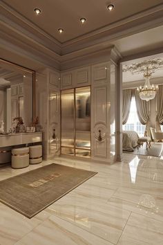 an elegant bathroom with marble floors and walls