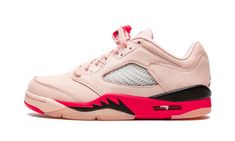 The Women’s Air Jordan 5 Low “Arctic Pink” is a women’s-exclusive colorway of the low-top silhouette from Jordan Brand’s Spring 2022 release cycle.  The clean and casual design of the “Arctic Pink” colorway calls to mind the appearance of a Valentine’s Day-inspired look, and features a light pink leather upper with translucent netting on the side and on the tongue.  A black Jumpman logo is embroidered on the heel and a red Jumpman is stitched onto the tongue.  A clear lace cover and red lace tog Womens Air Jordan, Jordan 11 Women, Original Air Jordans, Vapour Max Nike, Nike Sacai, Nike Air Jordan 5, Pink Things, Jumpman Logo, Womens Air Jordans