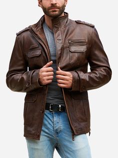 Men Vintage Distressed Brown Leather Trucker Jacket Hey, take a look at this incredible distressed leather jacket! This stylish Oliver Brown Leather Distressed Jacket features genuine distressed leather. Also, it comes with a stand-up collar, front zipper and buttoned closure, four flap pockets, one zipper pocket on the front, and two inner pockets. Moreover, The rich brown color of the dark brown leather jacket gives it a rugged yet stylish look. Over time, the distressed leather develops a uni Leather Trucker Jacket, Custom Varsity Jackets, Racer Jackets, Dark Brown Leather Jacket, Distressed Leather Jacket, Custom Leather Jackets, Cafe Racer Jacket, Racer Jacket, Distressed Jacket