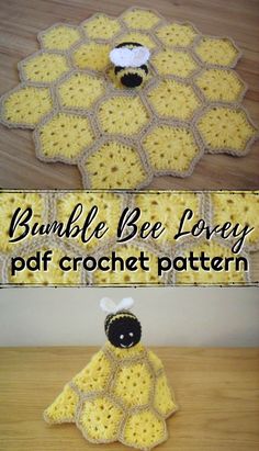 crochet bee lovey pattern with text overlay that says, bumble bee lovely