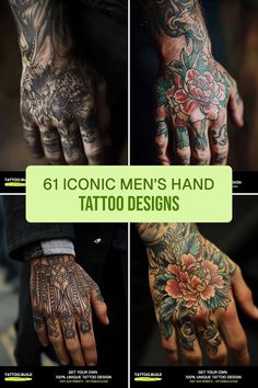 the different tattoos on men's hands are shown in three pictures, one with flowers and