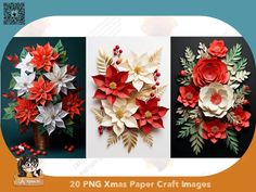 three paper flowers with leaves and berries on them are shown in four different colors, one is red, the other white